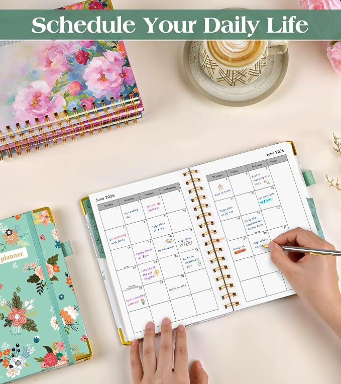2026 Planner, Hardcover Weekly and Monthly Planner for Women, January 2026 - December 2026, Spiral Yearly Agenda Organizer Book 2026 with Tabs, Daily Calendar Planners for School Work Home, A5 (5.75" x 8.38"), Teal Floral