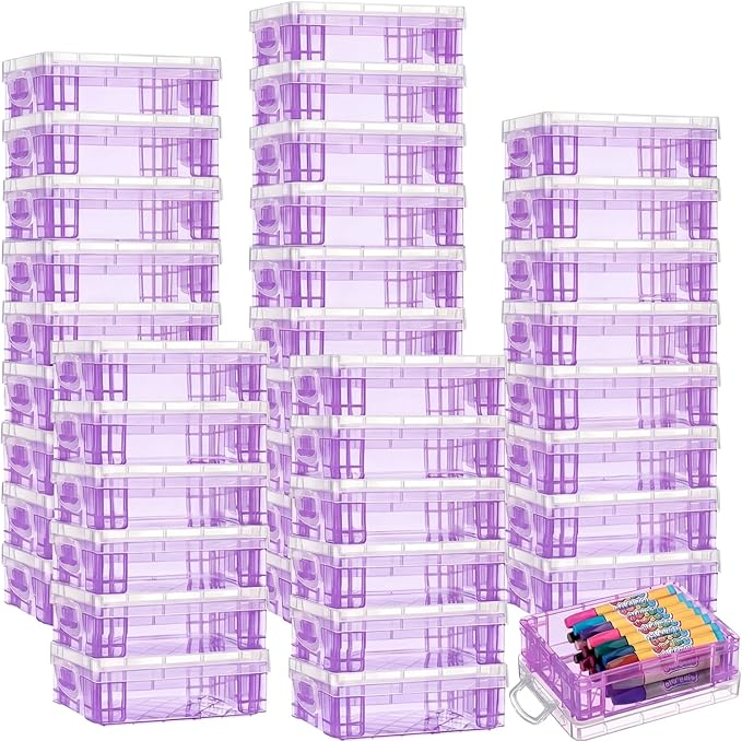 Suzile 40 Pcs Plastic Crayon Boxes Holds 24 Crayon with Snap Lid Storage Container Clear Stackable Case for School Office Classroom Supplies Pen Pencil Craft(Purple)