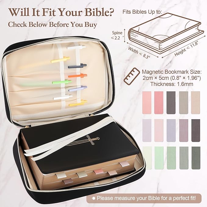 Durable and Protective Bible Cover Case for Women,Portable Bible Carrier Organizer Bag with Zipper,Christian Gift for Women,Includes 15 Magnetic Bookmarks,Great for Church,Travel or Daily Use,Black
