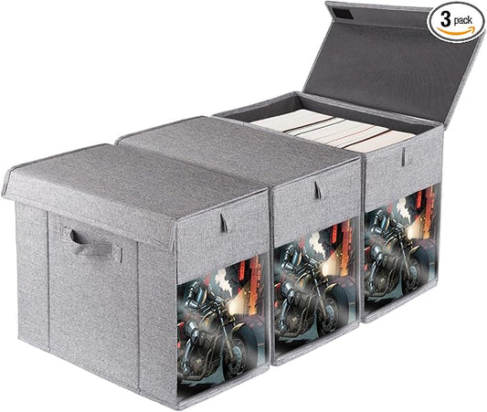 3 Pack Comic Book Storage Box with Lid, Collapsible Magazine Organizer with Clear Window, Heavy Duty Case Container Holder, Grey
