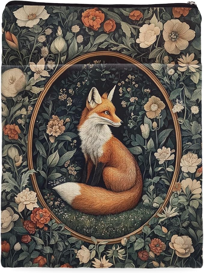 Vintage Flower Fox William Morris Book Sleeve for Book Lovers, Bookish Book Protector with Zipper, Washable Fabric Book Cover for Paperbacks & Hardcovers,11.4 x 9.1Inches (White Flower-Fox, Medium)