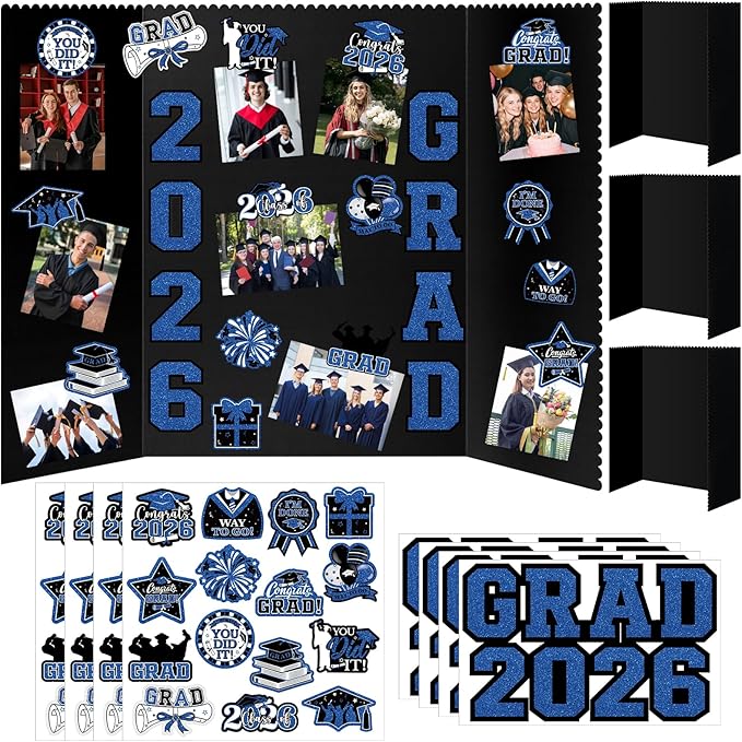 4 Set Graduation Photo Display Board, Class of 2026 Black Blue Trifold Poster Board with Grad Pattern Stickers, Graduation Photo Props Collage for Multiple Pictures Party Decorations, 16x24 Inch