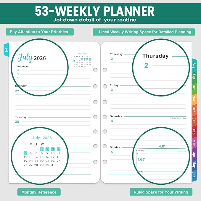 2026-2027 Planner Refills - 7-Hole Punched Planner Refills 2026-2027 with Colorful Tabs, JUL 2026 - JUN 2027, 5.5" x 8.5", A5 Planner Inserts, 26-27 Weekly and Monthly Planner Refill with Monthly Pages & Weekly Pages - Dopamine Color