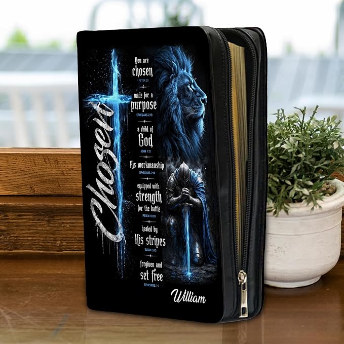 Personalized Man of God Bible Cover for Men, Christian PU Leather Bible Case with Handle Zipper, God Says I Am Warrior Scripture Bible Holder, Religious Gift for Men (Warrior Choosen)