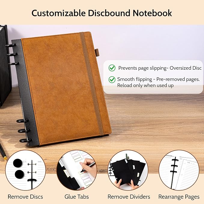 Yoment Refillable Notebooks for Work Discbound: Hardcover Notebook with 5 Subject Removable Dividers Tabs Colleged Ruled Large Journal for Writing Women Men 240 Pages,Brown