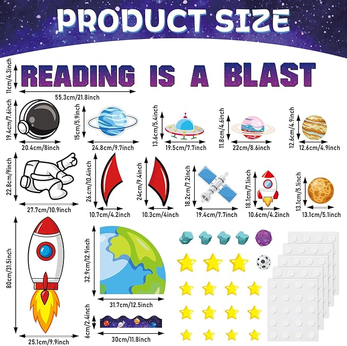 Outer Space Astronaut Bulletin Board Decorations Space Theme Classroom Bulletin Board Set Galaxy Borders Reading is A Blast Adventure Star Cutouts Back to School Preschool Chalkboard Wall Supplies
