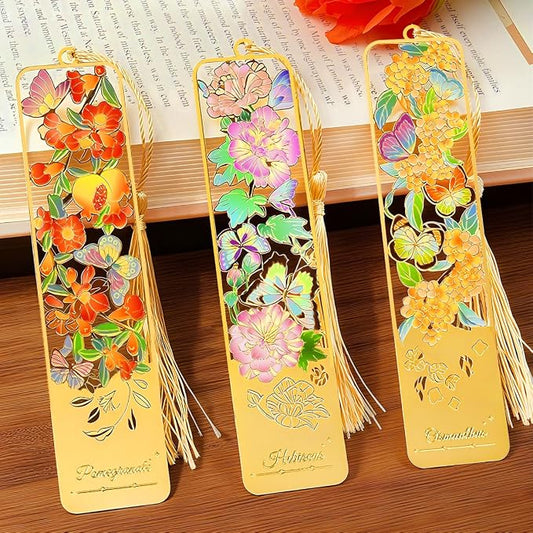 3pcs Metal Flower Bookmarks with Tassel, Hollow Butterfly Theme Book Marks for Reading Women, Cute Book Markers for Book Lovers Writers Readers Children Teens Women Teachers Students (Style A)