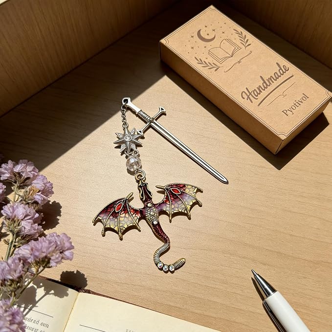 Fourth Wing Bookmark with Sword and Red Dragon-Fantasy Antique Tassel Metal Pendant, Vintage Red Bookmarks for Reading Lovers Women, Men, Teachers and Students, Christmas Birthday Gifts