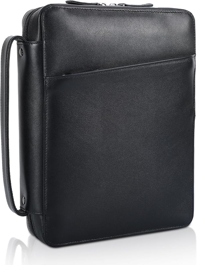 Polare Napa Leather Bible Cover Church Bag 10x7.5x2.2 inch Carrying Book Case Bible Protective with Handle and YKK Zippered Pocket (Black)