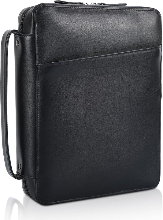 Polare Napa Leather Bible Cover Church Bag 10x7.5x2.2 inch Carrying Book Case Bible Protective with Handle and YKK Zippered Pocket (Black)