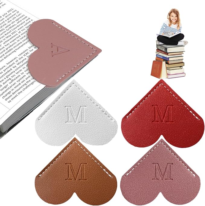 4Pcs Personalized Leather Heart Bookmark with Initial, 26 Letters Custom Corner Page Book Mark for Reading Women, Book Lovers, Teachers, Students, Book Accessories(White+Red+Dark Pink+Dark Brown, M)