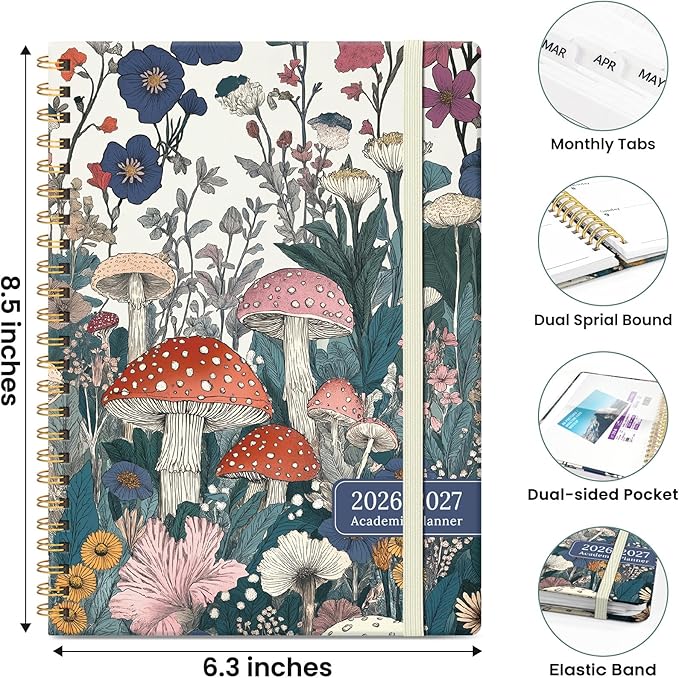 2026–2027 Academic Planner, Weekly and Monthly Planner for Women, July 2026 - June 2027, Pretty Hardcover 2026–2027 Academic Planner with Tabs, Inner Pocket, Spiral Bound, Perfect Office Home School Supplies - 6.3" x 8.5", Vivid Mushroom