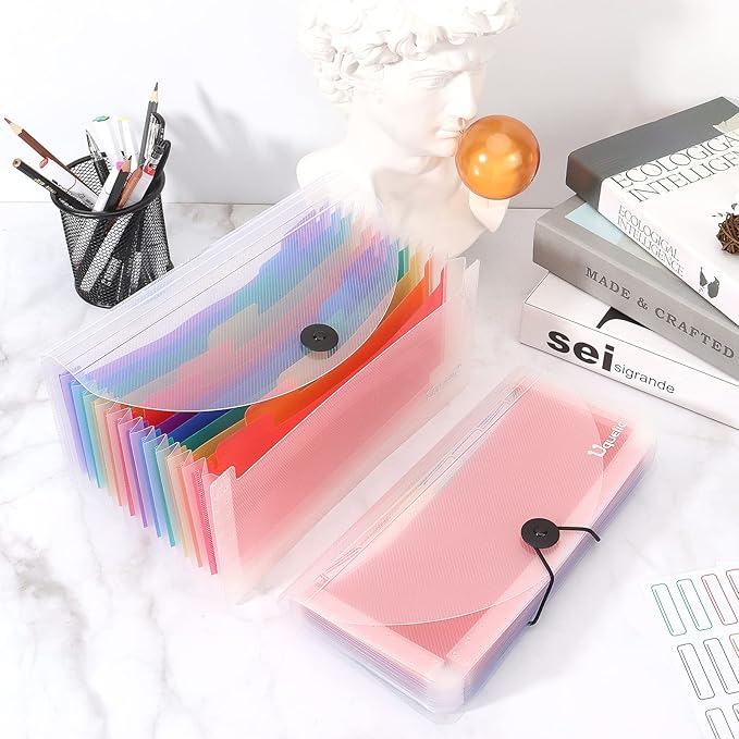 Uquelic 2 Pack File Organizer Stand -13 Pockets Expanding Coupons File Folder Organizer Storage, Rainbow Large Capacity Coupon Organizer with Label, Business Check Binder (Double Clear)