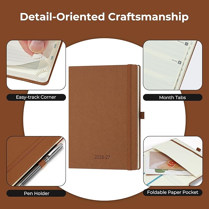 Weekly Monthly 2026-2027 Planner (July 26-Dec 27),8.5"x6.5",18 Months Agenda Plan with Month Tabs & Pocket,Expenses/Note Pages, Academic Calendar with Vegan Leather Cover,Brown