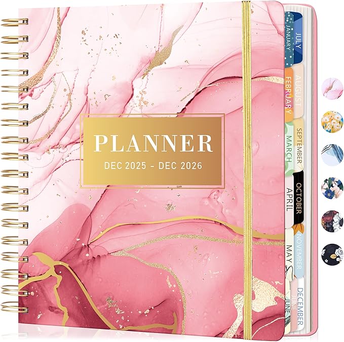 CAGIE 2026 Planner Weekly and Monthly Dec 2025–Dec 2026 Hardcover Planner with Pockets, 13 Month Large Pink Marble Calendar Planner with Stickers Tabs, Spiral Bound Yearly Calendar Planner for Women, 8.3" x 9.3"