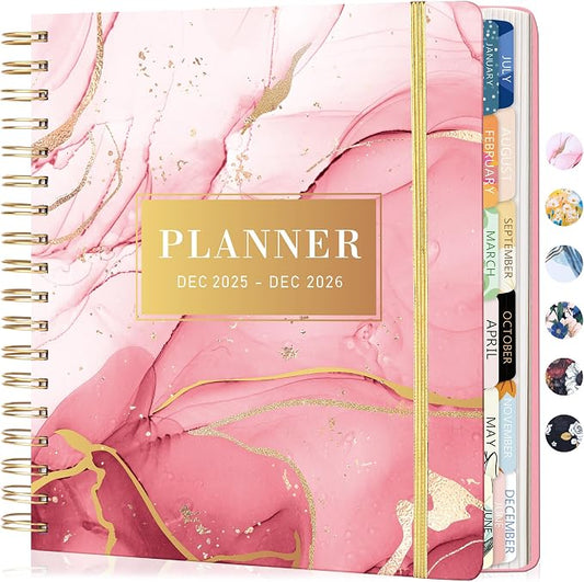 CAGIE 2026 Planner Weekly and Monthly Dec 2025–Dec 2026 Hardcover Planner with Pockets, 13 Month Large Pink Marble Calendar Planner with Stickers Tabs, Spiral Bound Yearly Calendar Planner for Women, 8.3" x 9.3"