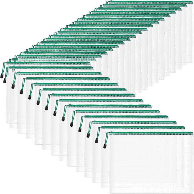 Zhehao 200 Pcs A4 Mesh Zipper Pouch Bulk Waterproof Mesh Zipper Organizer Plastic File Folder Case for School Office Supplies Document Board Games Puzzle(Green)