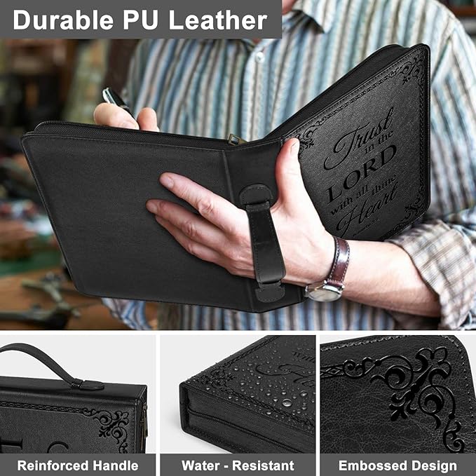 Large Bible Cover Case for Men Women, Mens Bible Covers Cases Leather Bible Cover Carrying Case for Women Men with Handle Zippered Bible Book Cover Holder Bag Case(Black, L)