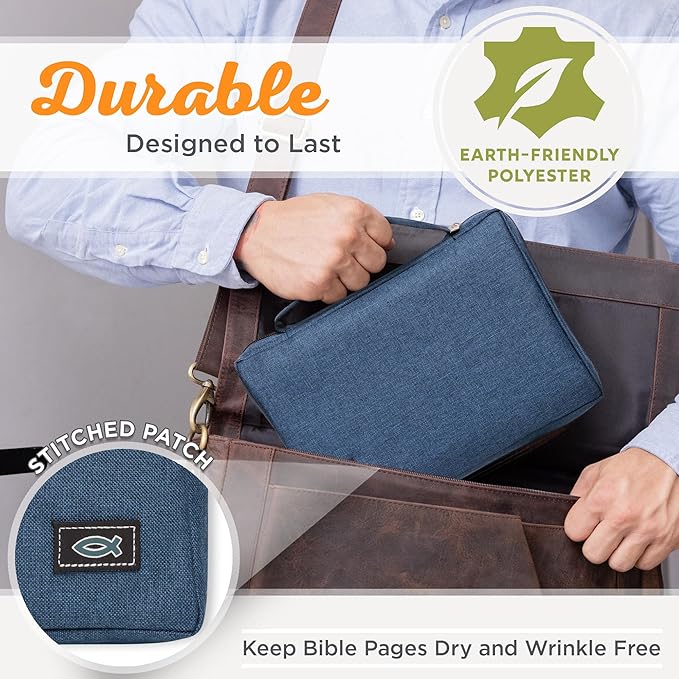Christian Art Gifts Men/Women's Bible Cover Jesus Fish, Blue Canvas, Medium