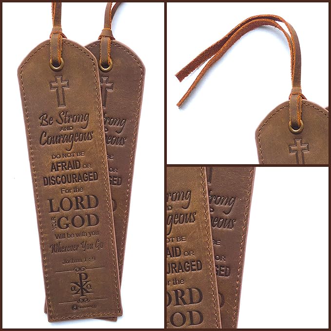 Leather Bible Bookmarks - 2 Leather Christian Bookmarks with Inspirational Bible Verse | Joshua 1: 9 Be Strong & Courageous | Perfect Religious Book Marker Gifts for Men, Women, Readers and Friends