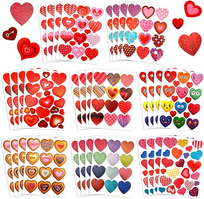 Valentines Stickers, Heart Stickers, 520 PCS Valentine Day Heart Stickers, Self-Adhesive Hearts Decorative Reward Sticker Decals for Valentine's Day Wedding School Craft Activity Party Favors Supplies