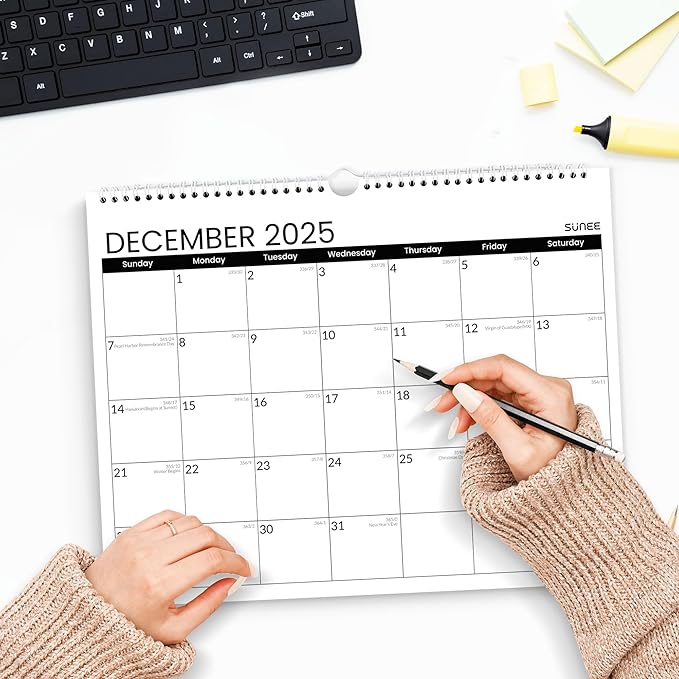 SUNEE Calendar 2026 18 Months Wall Calendar Oct. 2025 - Mar. 2027, 14.5"x11.5" Big Grid Hanging with Thick Paper for Organizing & Planning, Black
