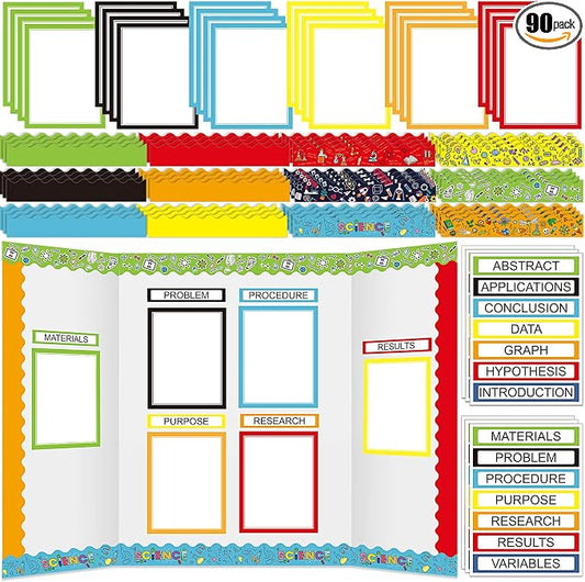 Fuyoooo 90 Pcs Science Fair Board Supplies 60 Trim Scalloped Bulletin Borders 24 Presentation Board Subtitles 6 Science Fair Titles for Classroom Display Boards (Colorful, Scientific Lab)