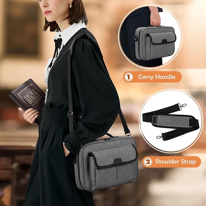 LoDrid Bible Carrying Case for Church with Multiple Pockets, Portable Bible Cover Bag with Handle and Shoulder Strap for Bible Accessories, Grey, Bag Only