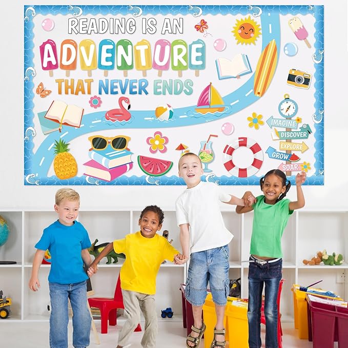 Summer Reading Bulletin Board Set Reading is an Adventure Bulletin Board Decoration Colorful Flamingo Watermelon Books Cutouts for Summer Back to School Library Home Chalkboard Wall Decor