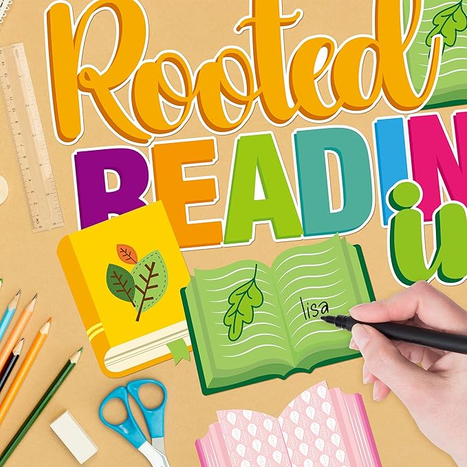 CY2SIDE Reading Tree Bulletin Board - 55PCS Rooted in Reading Tree Cutout for Bulletin Border Sets Books Name Tags Leaves Cutout Trim Border Kit Back to School Chalkboard Wall Decoration Supplies