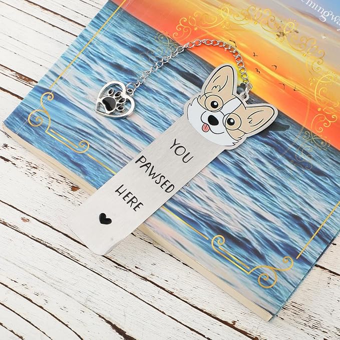 Gosknor Corgi Dog Bookmark, Cute Metal Corgi Bookmark for Women & Men, You Pawsed Here, Stainless Steel, Silver & Black, Style 1