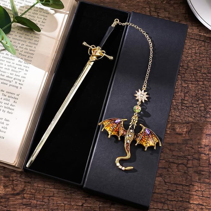 Fantasy Dragon Sword Bookmark - Vintage Metal Book Marks Gifts Unique Charm Page Marker for Reading Lovers Bookish Readers Women Men Boys Student Teacher Birthday School Accessories