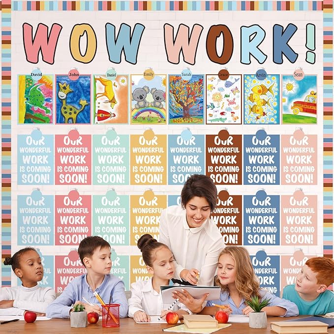 Mooliwe 139 Pcs Student Work Display Bulletin Board Decoration Set Colorful Wow Works Cutouts with Clips Names Display Classroom Wall Decor for Teachers Back to School Supplies(Morandi,Elegant)