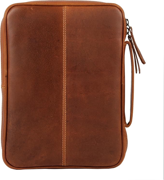 Leather Bible Cover for Men & Women – Zippered Bible Case with Handle, Note & Pen Organizer – Fits Large Study Bible – 11.5x8.5 Inch (Orange)