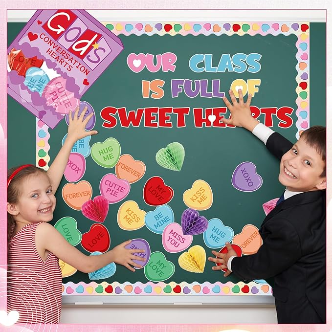 Pasimy Christian Valentine Bulletin Board Decorations God's Conversation Hearts Valentine's Day Classroom Decor 3D Heart Honeycomb Cutouts Sweet Borders for Church Office Wall Window Party Supplies