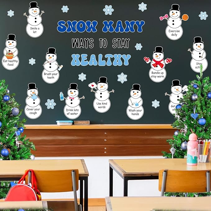 JarThenaAMCS Winter Snowman Cutouts Winter Healthy Habits Bulletin Board Decoration Set Christmas Snowman Snowflake Paper Cut Outs for Holiday School Classroom Chalkboard Wall Door Decor