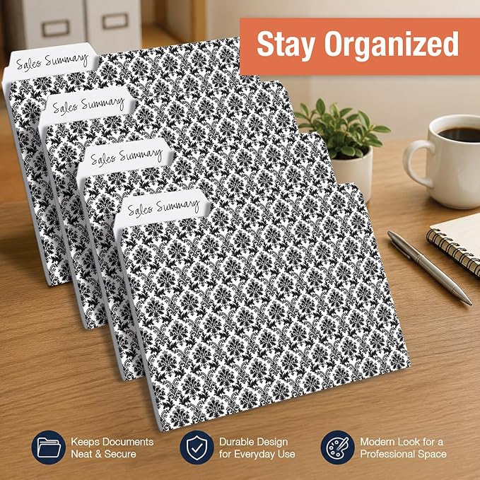 Current Elegant Black File Folders Value Pack - Bulk Set of 24, 6 Pretty Decorative Designs, 1/3 Cut Tabs, Heavy-Duty Paper Stock, Office Supplies for Home & Work, 9-½” x 11-¾” Letter Size
