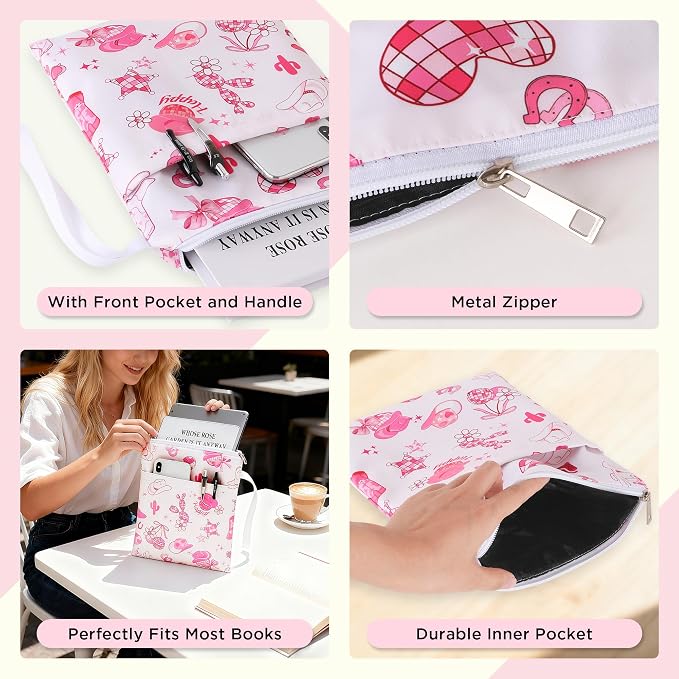 Book Sleeve with Zipper, 11''x 9'' Waterproof Paperback Sleeve for Book Lovers Books Pouch Cover with Handle for Hardcovers Kindle Sleeve for Reader Teacher Women (Pink denim style, 11x 9 inch)