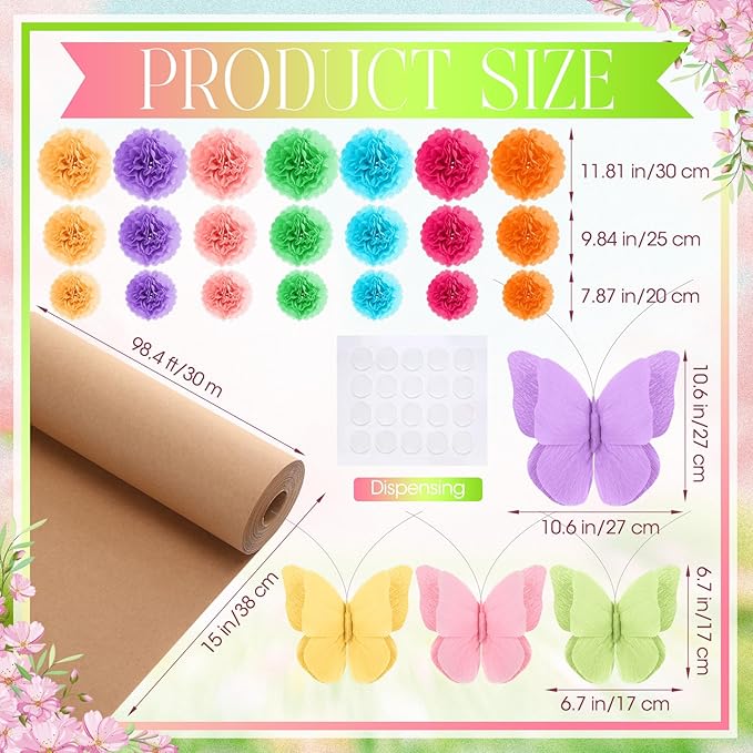 Pasimy 3D Cardboard Tree for Classroom Wall Bulletin Board - DIY Blooming Tree with Paper Pom Poms Pastel Butterflies Kraft Crafts for Kindergarten Preschool Elementary Daycare School Decorations