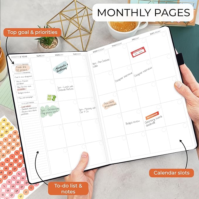 Clever Fox Appointment Book – Hourly Schedule Planner with 15-Minute Increments – Time Box Planner for Daily Work & To-Dos – Weekly & Monthly Spreads, Undated, Hardcover, 8.3x11″ (Black)