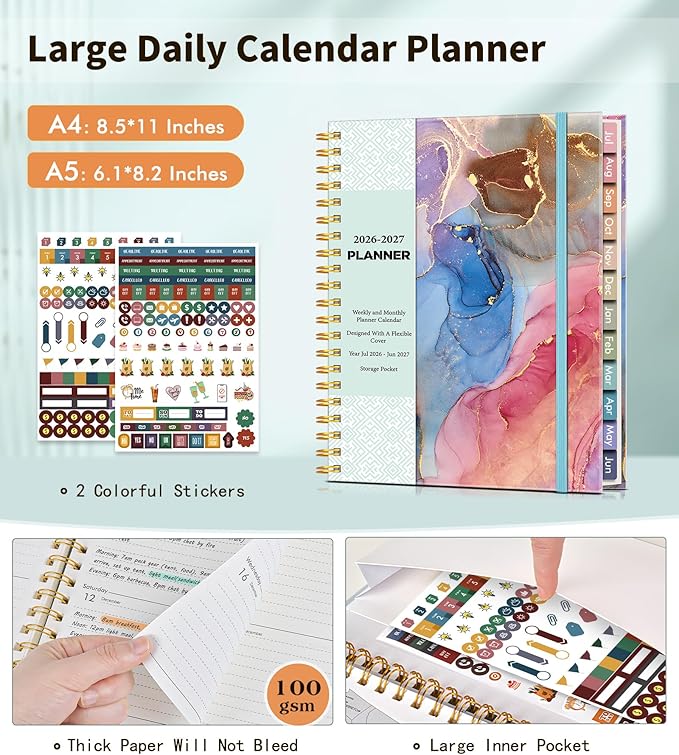 Academic Planner 2026-2027, Weekly and Monthly Calendar Planner from July 2026 - June 2027, 6.1" x 8.2" A5 Large Daily Agenda Book with Tabs, Flexible Cover, College School Organizer for Student Teacher, Watercolor