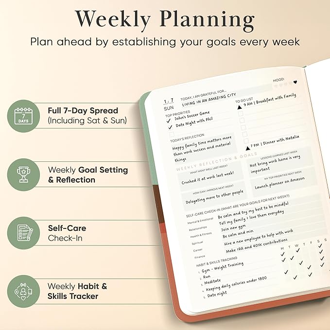 2026 Planner, Daily Journal & Gratitude Journal All-In-One with To Do List, Self Care Prompts & Habit Tracker - 7 x 10 - Morning