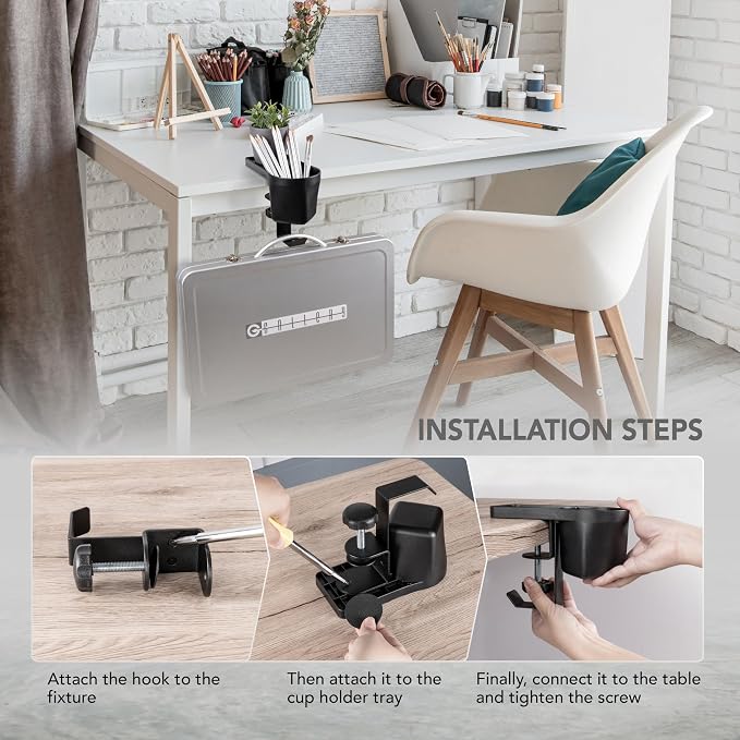 EHO Clamp-On Desk Pen and Cup Holder, 3-in-1 Stationery Organizer with Pencil and Accessory Storage, Reversible Hanging Hook, Space-Saving Desk Clamp Organizer, TAA-Compliant