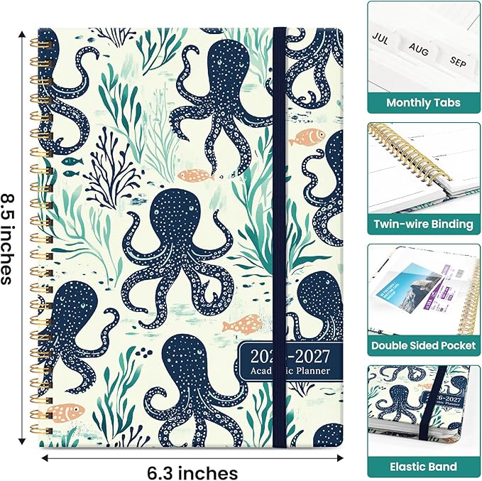 Planner 2026-2027, Academic Year Monthly and Weekly Calendar Planner, Jul 2026 - Jun 2027, Hardcover Teacher Student Planning Agenda book with Tabs, Perfect for School Office Supplies, 6.3" x 8.5" - Octopus Drift