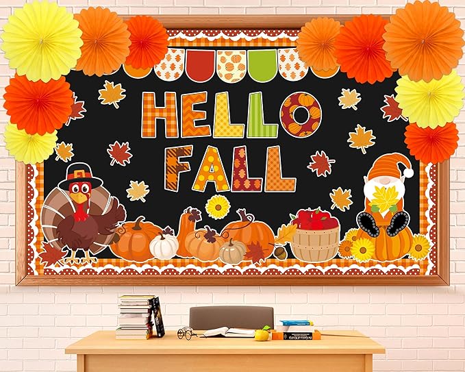 Hello Fall Bulletin Board Decorations Set with 3D Tissue Paper Flower Paper Fan DIY Fall Thanksgiving Classroom Bulletin Board Border Maple Leaves Pumpkins Cutouts for Library Home Chalkboard Supplies