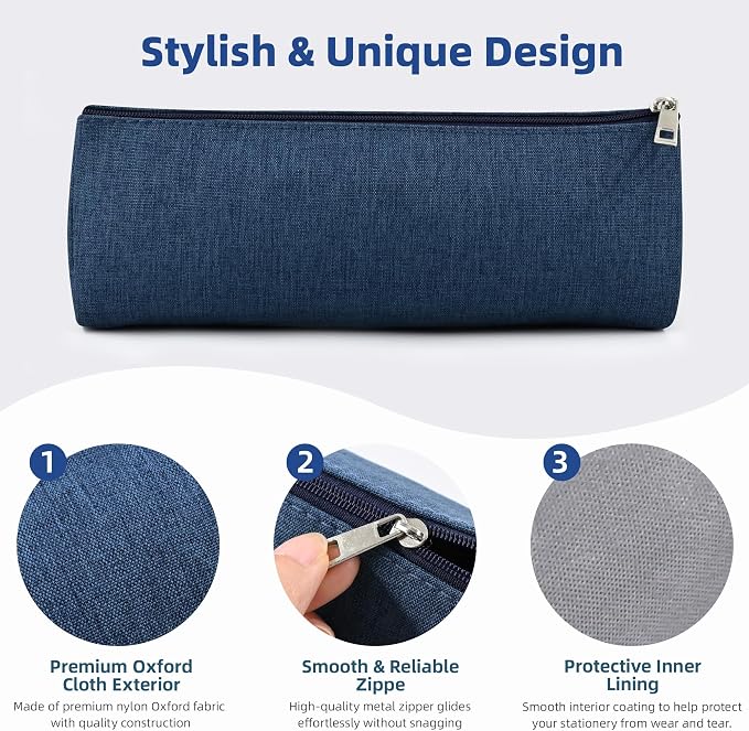 Blue Large Capacity Pen Bag Portable Stationery Pouch Premium Nylon Oxford Cloth Zipper Organizer for Office Business Travel