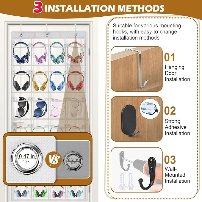 Enlarged Headphone Storage Classroom, 24 Large Pockets PVC Clear Headphone Holder for Classroom,with 3 Kinds of Mounting Accessories and Headphone Storage Stickers & Digital Stickers