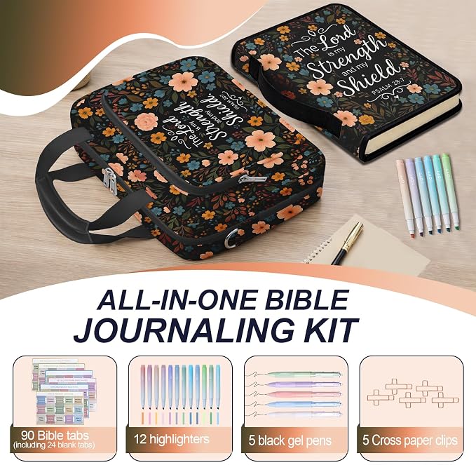 Floral Bible Cover for Women, Large Bible Bag Carrying Case with Shoulder Strap Bible Study Supplies Journaling Kit Book Carrying Case with Pens Highlighters Cross Clips Tabs Christian Gift