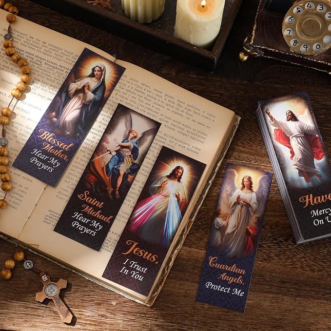 Skyygemm 100 Pcs Catholic Devotional Prayer Bookmark Bible Bookmark Assorted Holy Cards with Catholic Saints and Prayers Christian Religious Gift for Woman Man
