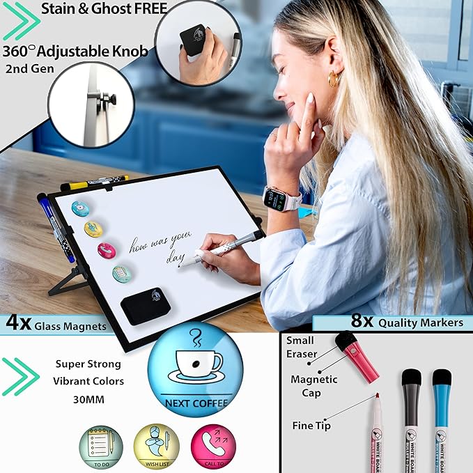 12x16 Magnetic Whiteboard with Stand - Double-Sided Dry Erase Board, Black Frame, 8 Fine-Tip Markers, 4 Magnets & Eraser | Desk, Wall & Lapboard Use